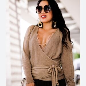 J. Crew Neutral Camel Linen Blend Wrap Top S (Bx28)